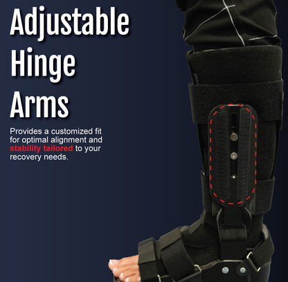 Close-up of black orthopedic recovery boot with adjustable hinge arms and red stitching on calf support panel.