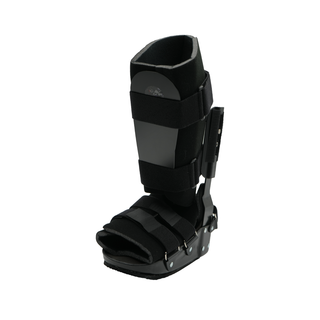 Black lightweight orthopedic recovery boot with adjustable straps and rigid sole for foot and ankle support.