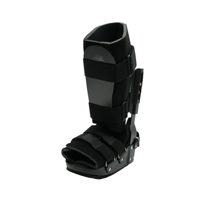 Black lightweight orthopedic recovery boot with adjustable straps and rigid sole for foot and ankle support.