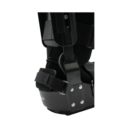 Black lightweight orthopedic recovery boot with adjustable straps and metal support frame on heel and ankle.