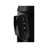 Close-up of black RCAI TA orthopedic recovery boot strap with velcro fastener and silver adjustment screws, made in the USA.