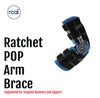 Black and blue ratchet POP arm brace with adjustable straps and metal hinge, made in the USA by RCAI.