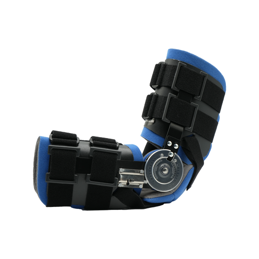Black and blue ratchet arm brace with metal hinge and adjustable Velcro straps for elbow support.