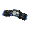 Blue and black Ratchet POP Arm Brace by RCAI with metal hinge, foam padding, adjustable black straps, made in the USA.