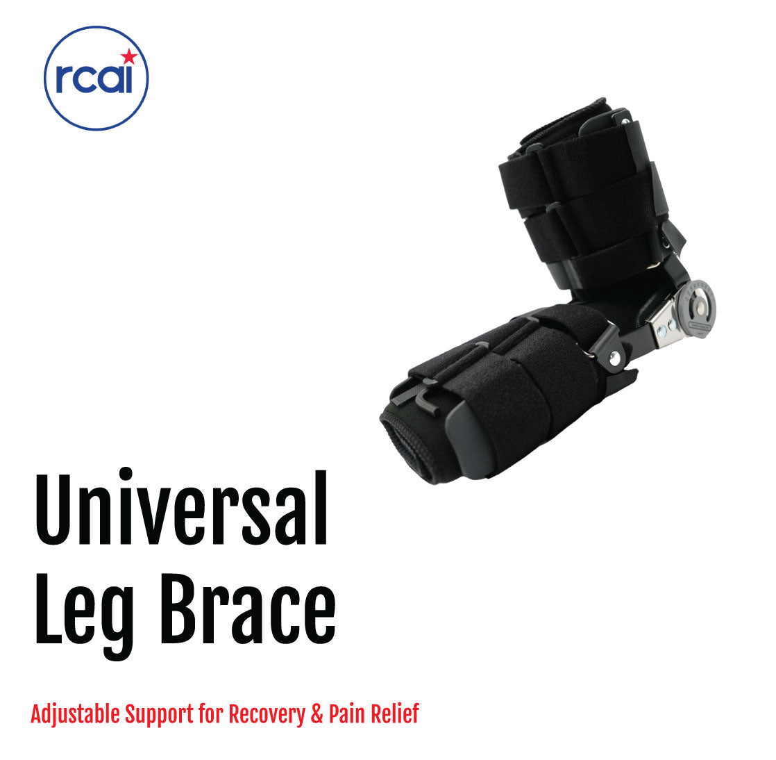Black universal leg brace with adjustable straps and metal hinge for support and comfort.