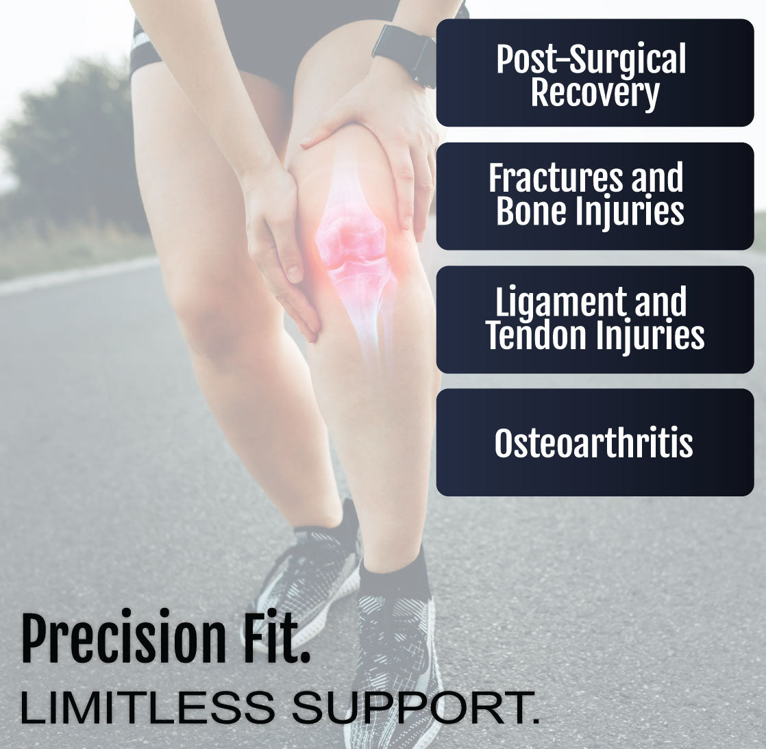 Knee with highlighted joint pain wearing a beige universal leg brace for support and comfort.