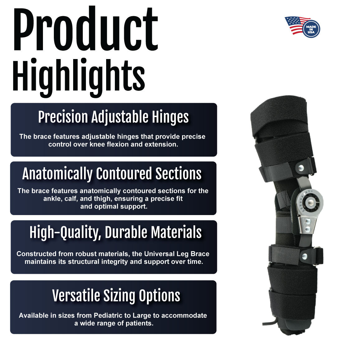 Black universal leg brace with adjustable hinges and anatomically contoured sections for calf, thigh, and ankle support.