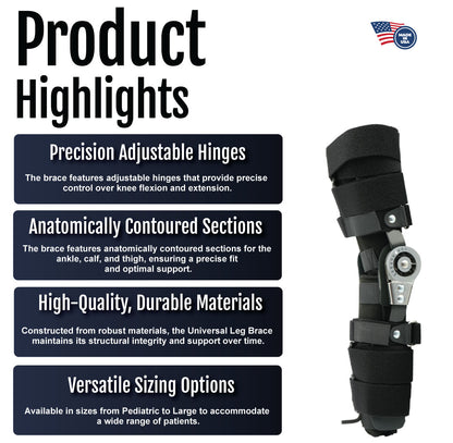 Black universal leg brace with adjustable hinges and anatomically contoured sections for calf, thigh, and ankle support.