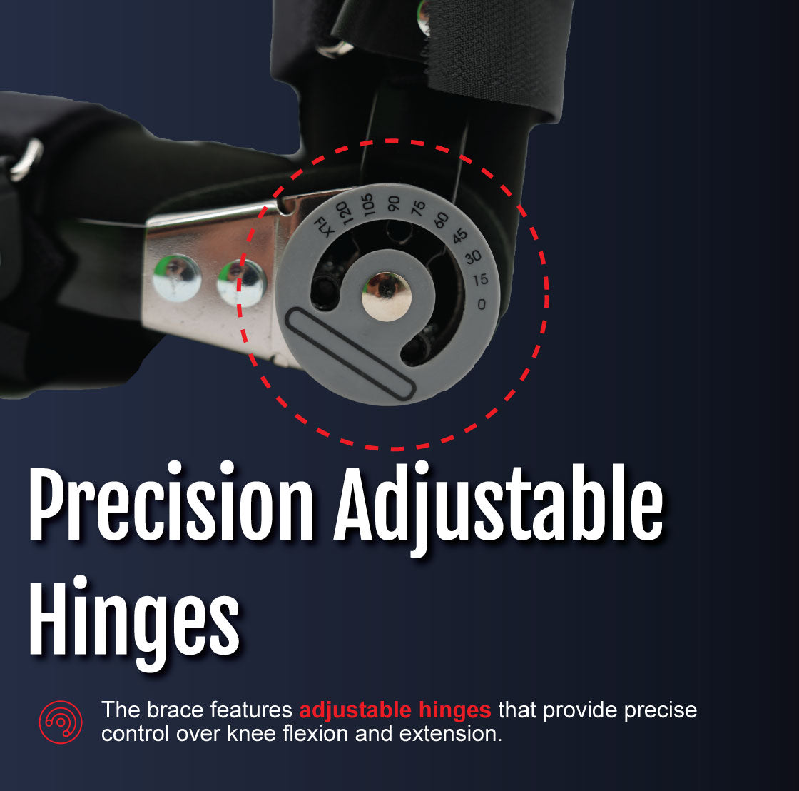 Close-up of black leg brace with precision adjustable hinges and marked angle settings.
