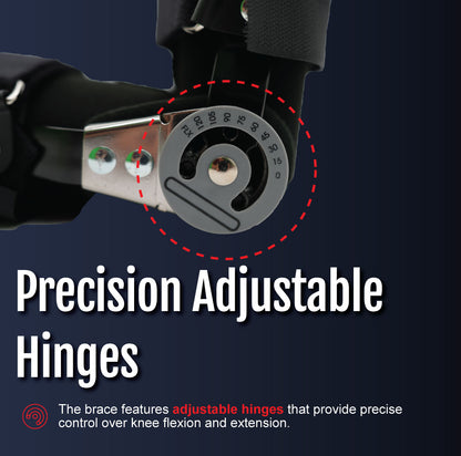 Close-up of black leg brace with precision adjustable hinges and marked angle settings.