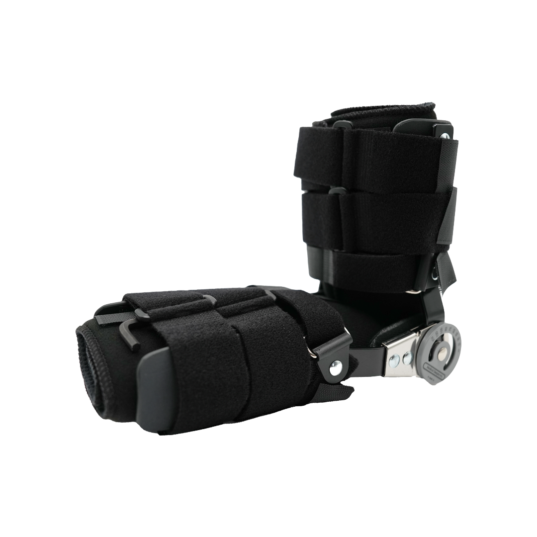 Black adjustable universal leg brace with padded straps and metal support hinges.