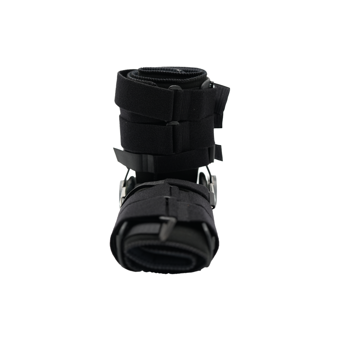 Black pediatric leg brace with adjustable straps and metal hinges for support.