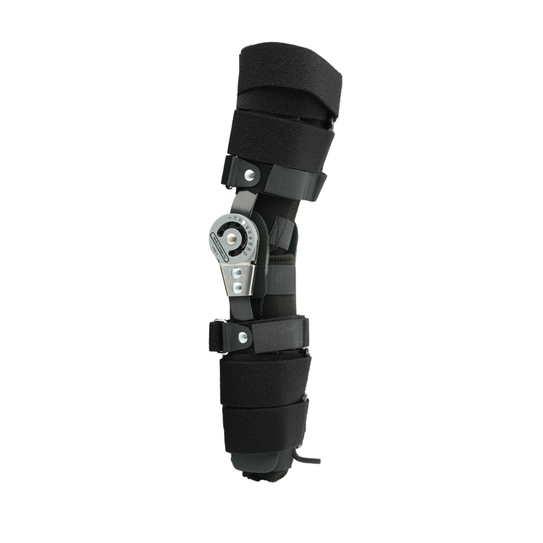 Black universal leg brace with adjustable hinges and padded straps for pediatric support and comfort.