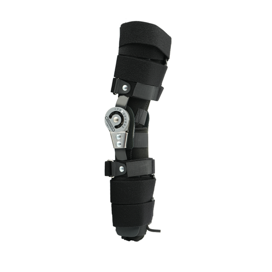 Black universal leg brace with adjustable hinges and padded straps for pediatric support and comfort.
