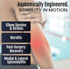 Person wearing beige RCAI universal arm brace on left arm, highlighting elbow area in red for pain relief, text overlays.