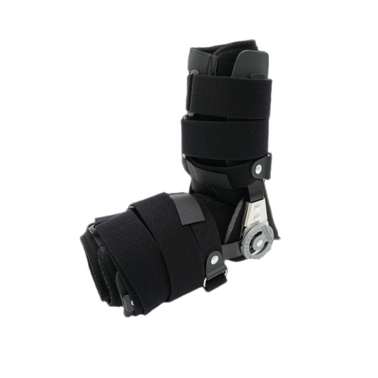 Black adjustable arm brace with padded straps and metal hinge for support and recovery.