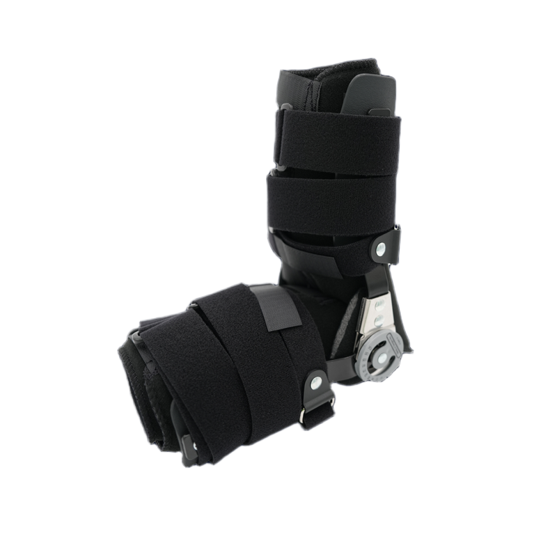 Black adjustable RCAI universal arm brace with padded straps and a hinged metal support, made in the USA.