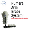 White and black humeral arm brace system with adjustable straps, RCAI logo, made in the USA text displayed on a white.