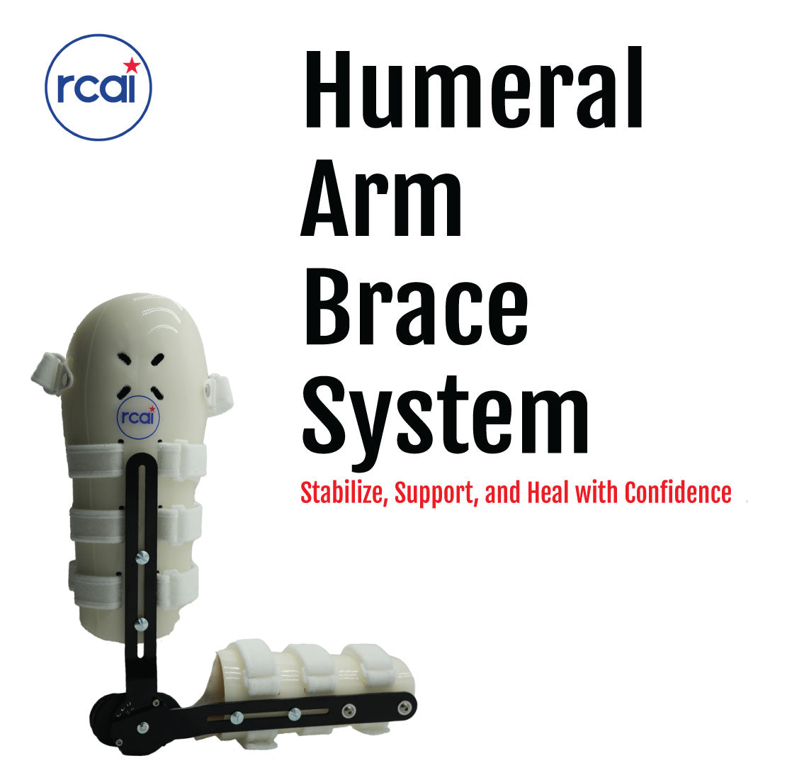 Adjustable white humeral arm brace with black hinges and multiple securing straps for elbow support.