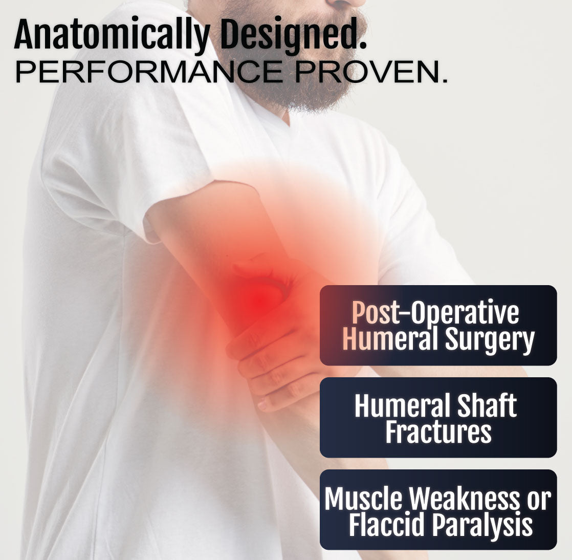 Black adjustable humeral arm brace with straps worn on a bent right arm, highlighting elbow area in red.