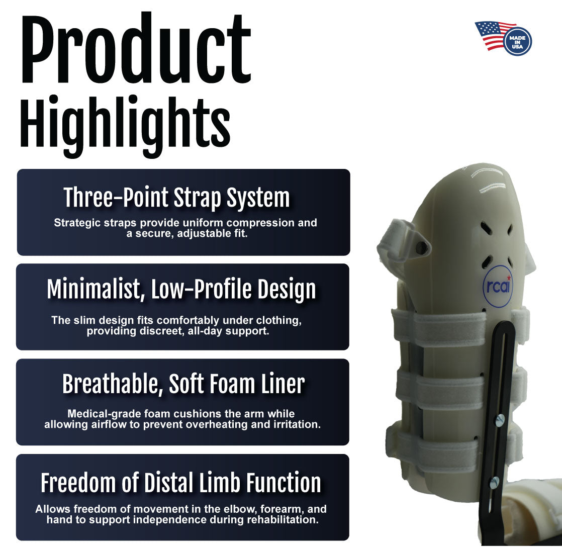 Olive green humeral arm brace with molded shell and three adjustable black straps with buckles.