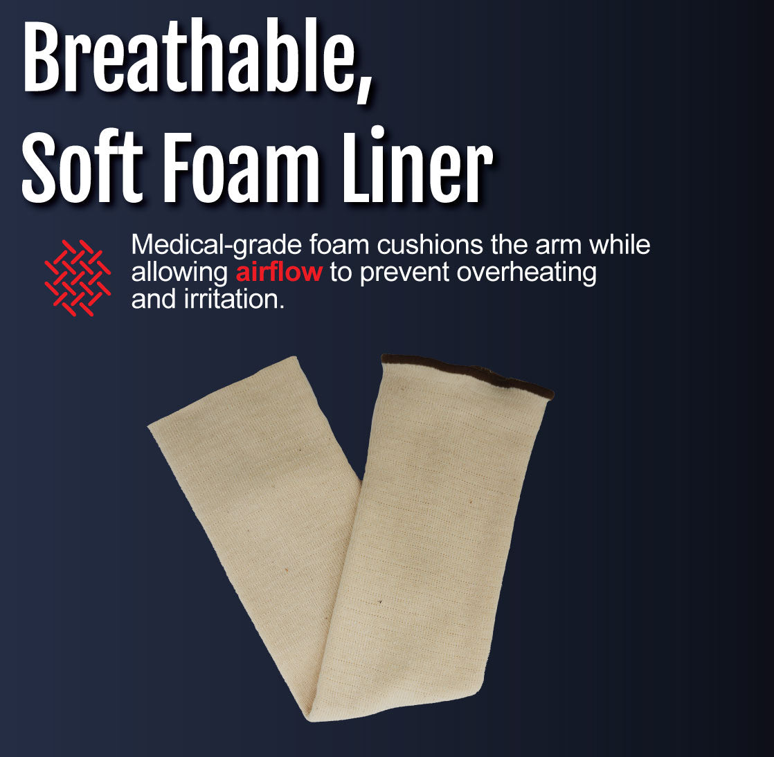 Beige breathable soft foam liner for arm brace with moisture-wicking medical-grade material.
