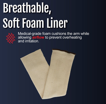 Beige breathable soft foam liner for arm brace with moisture-wicking medical-grade material.