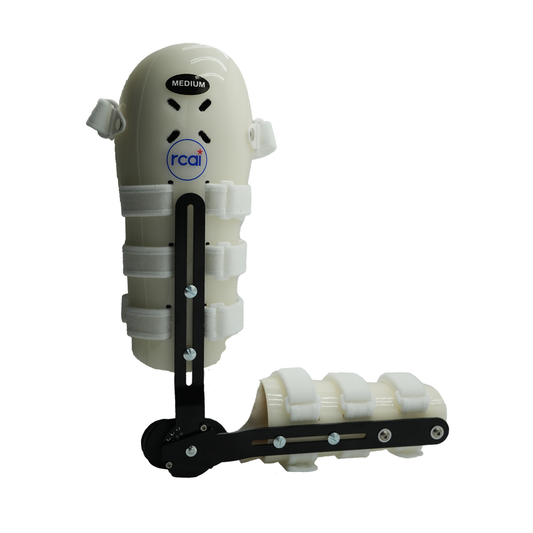 White humeral arm brace with adjustable black metal hinge and multiple padded straps for elbow support.