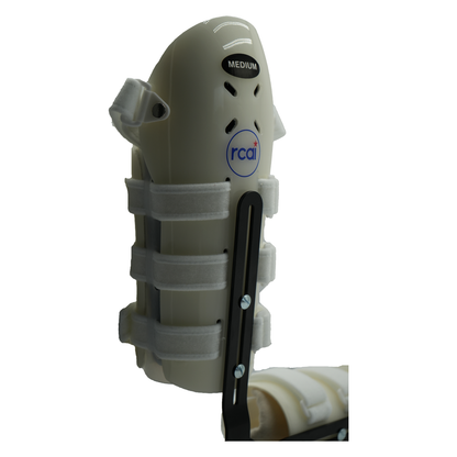 Gray moisture-resistant humeral arm brace with adjustable velcro straps and black support bar, size medium.