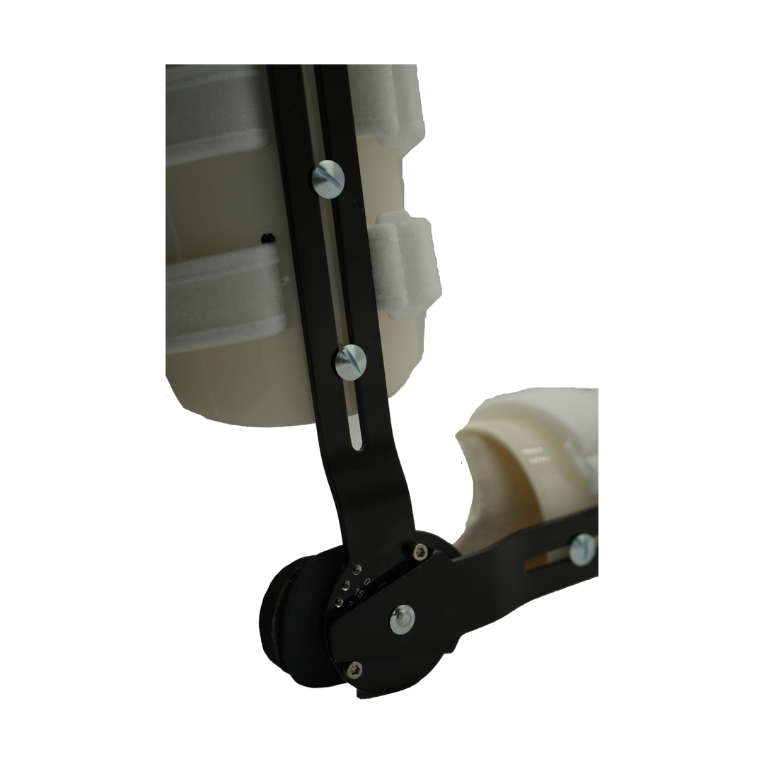 Black metal humeral arm brace with adjustable screws and white padded straps for elbow and upper arm support.