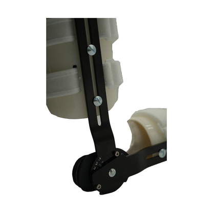 Black metal humeral arm brace with adjustable screws and white padded straps for elbow and upper arm support.
