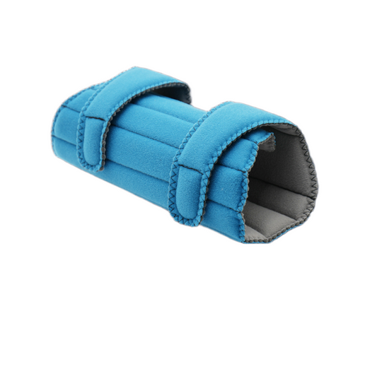 Blue pediatric elbow stabilizer with two adjustable Velcro straps and soft padded interior.