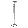 Black TotalUp adjustable self-standing cane with ergonomic grip, wrist strap, and four-legged base, made in the USA, RCAI.