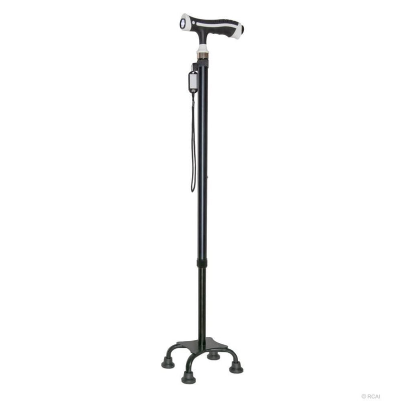 Black TotalUp adjustable self-standing cane with ergonomic grip, wrist strap, and four-legged base, made in the USA, RCAI.