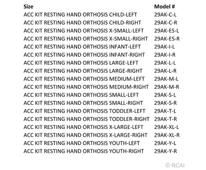 List of Resting Hand Orthosis Accessory Kit sizes and model numbers in black text on white background.