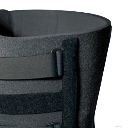 Black bariatric knee immobilizer with adjustable straps and cushioned material.