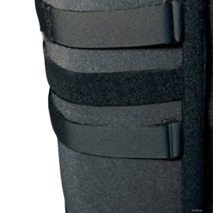 Black bariatric knee immobilizer with three adjustable hook-and-loop straps and padded interior lining.