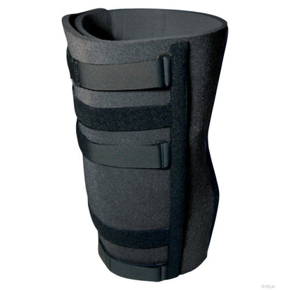 Black bariatric knee immobilizer with wide adjustable straps and padded interior.