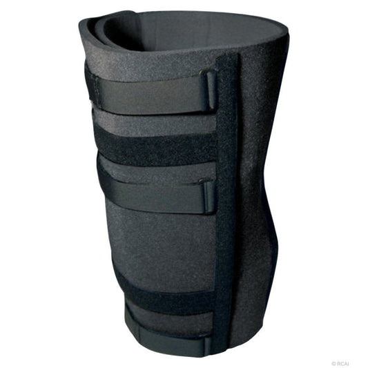 Black bariatric knee immobilizer with four adjustable hook-and-loop straps and contoured padded design.