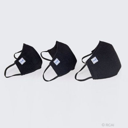 Three black protective face masks in small, pediatric, and universal sizes with ear loops and white brand tags.