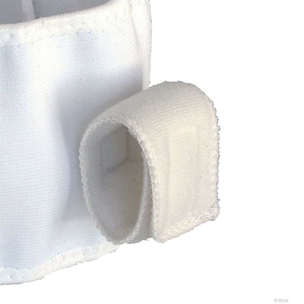 White soft fabric infant shoulder immobilizer strap with hook-and-loop fastener detail.