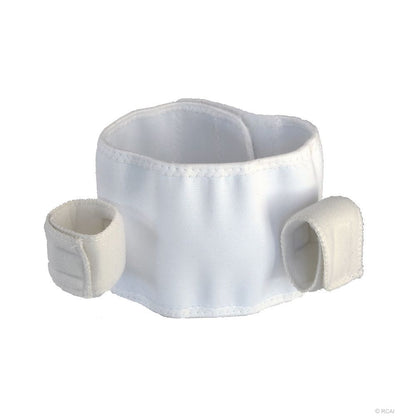White padded infant shoulder immobilizer with adjustable hook-and-loop straps.